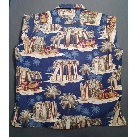 RJC Men 2XL Navy Hawaiian V Neck Button Up Short Sleeve Shirt Surfboard Resort - Picture 2 of 8